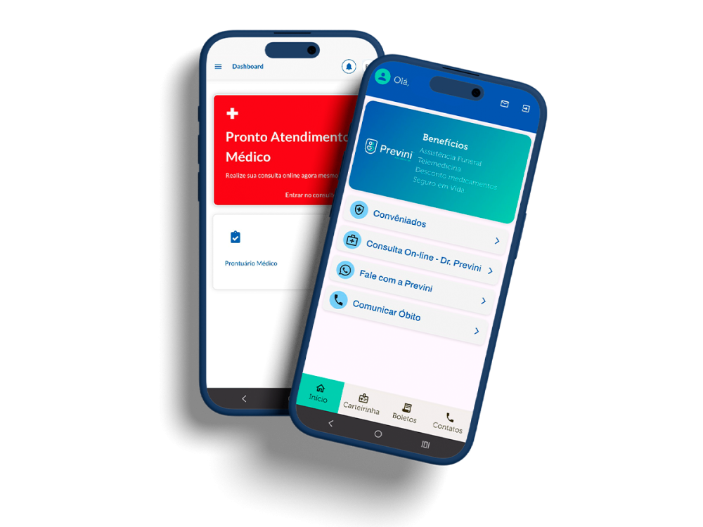 Telas do aplicativo Previni: telemedicina, carteirinha digital e benefícios