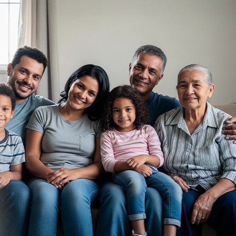 Família reunida no sofá representando a proteção familiar da Previni